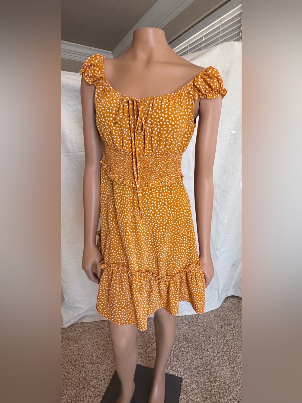 Mustard Dot Smocked Mini Dress No Tags